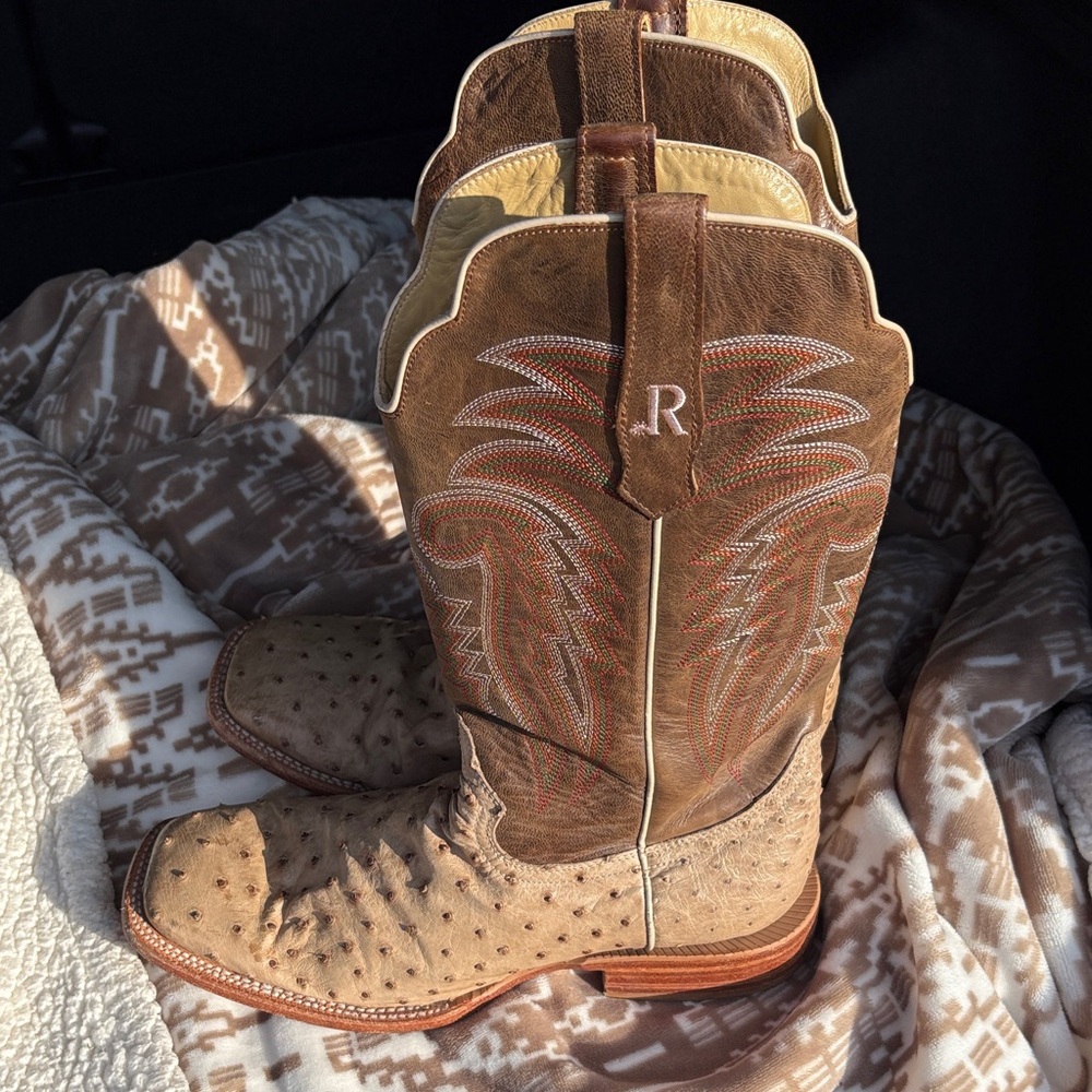 R. Watson boots full quill ostrich, embroidered shaft, “R” pull tab, square toe.